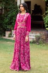 Buy_Studio Bagechaa_Pink Silk Print Bandhani Round Neck Anarkali With Jacket _at_Aza_Fashions