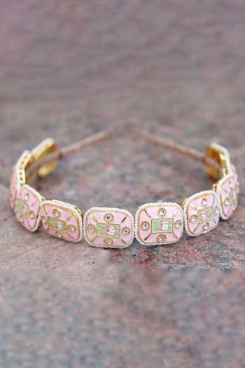 Shop_Foot Fuel_Gold Beads, Crystals Lotus Enamelled Brooch Hairband _at_Aza_Fashions