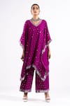 Vvani By Vani Vats_Wine Mirrors, Embroidery V-neck Kaftan And Palazzo Set _Online_at_Aza_Fashions