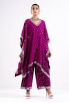 Shop_Vvani By Vani Vats_Wine Mirrors, Embroidery V-neck Kaftan And Palazzo Set _Online_at_Aza_Fashions
