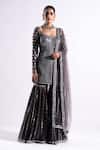 Buy_Vvani By Vani Vats_Grey Georgette, Net Mirrors Scoop Neck Embroidered Kurta Sharara Set _at_Aza_Fashions
