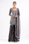 Buy_Vvani By Vani Vats_Grey Georgette, Net Mirrors Scoop Neck Embroidered Kurta Sharara Set _Online_at_Aza_Fashions