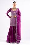 Buy_Vvani By Vani Vats_Wine Georgette, Net Embroidery, Mirrors Scoop Neck Straight Kurta Sharara Set _Online_at_Aza_Fashions