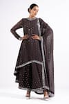 Vvani By Vani Vats_Grey Georgette, Silk Mirrors, Embroidery Round Asymmetric Hem Kurta Palazzo Set _Online_at_Aza_Fashions