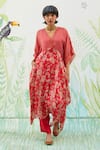 Buy_Basil Leaf_Pink Natural Fibre Chiffon Printed Floral V Neck Kurta And Pant Set _Online_at_Aza_Fashions