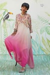 Basil Leaf Pink Chiffon Tassels, Embroidery V-neck Ombre Handkerchief Kurta And Pant Set Online at Aza Fashions Basil Leaf_Pink Chiffon Tassels, Embroidery V-neck Ombre Handkerchief Kurta And Pant Set_Online_at_Aza_Fashions