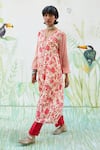 Shop_Basil Leaf_Pink Chiffon Tassels V-neck Straight Floral Print Kurta Set _at_Aza_Fashions