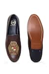 Shop_Domani_Brown Regal Crest Embroidered Slip Ons _at_Aza_Fashions