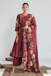 Buy_Neelu Sethi_Wine Hand Embroidered Resham Round Neck Handloom Chanderi Anarkali Set _at_Aza_Fashions