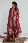 Shop_Neelu Sethi_Wine Hand Embroidered Resham Round Neck Handloom Chanderi Anarkali Set _at_Aza_Fashions