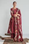 Neelu Sethi_Wine Hand Embroidered Resham Round Neck Handloom Chanderi Anarkali Set _Online_at_Aza_Fashions