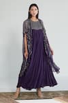 Buy_Neelu Sethi_Purple Chiffon Hand Embroidered Sequin Cape Open And Dress Set _at_Aza_Fashions