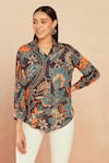 Seven_Multi Color Bamberg Satin Printed Botanical Shirt Collar  _Online_at_Aza_Fashions