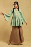 Buy_Ritu Kumar_Green Cotton Beads Split V-neck Checkered A-line Kurta With Bell Sleeves _at_Aza_Fashions