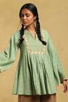 Ritu Kumar_Green Cotton Beads Split V-neck Checkered A-line Kurta With Bell Sleeves _Online_at_Aza_Fashions
