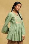 Shop_Ritu Kumar_Green Cotton Beads Split V-neck Checkered A-line Kurta With Bell Sleeves _Online_at_Aza_Fashions