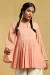 Ritu Kumar_Pink 100 % Cotton Notched Checkered Bell Sleeve Short Kurta _Online_at_Aza_Fashions