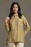 Ritu Kumar_Green Shell 82 % Cotton 18 % Silk Embroidered Floral Shirt High-low Kurta _Online_at_Aza_Fashions