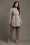 Buy_Ritu Kumar_Multi Color 100% Cotton Printed Checkered Mandarin Collar Pintuck Kurta _at_Aza_Fashions