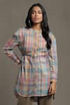 Ritu Kumar_Multi Color 100% Cotton Printed Checkered Mandarin Collar Pintuck Kurta _Online_at_Aza_Fashions