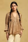 Ritu Kumar_Brown 100% Viscose Embroidered Lace Mandarin Collar Pintuck Short Kurta _Online_at_Aza_Fashions