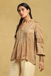 Buy_Ritu Kumar_Brown 100% Viscose Embroidered Lace Mandarin Collar Pintuck Short Kurta _Online_at_Aza_Fashions