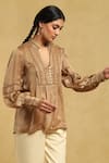 Shop_Ritu Kumar_Brown 100% Viscose Embroidered Lace Mandarin Collar Pintuck Short Kurta _Online_at_Aza_Fashions