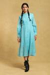 Buy_Ritu Kumar_Blue Cotton, Silk Mandarin Collar Geometric Pattern Dress_at_Aza_Fashions