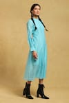 Buy_Ritu Kumar_Blue Cotton, Silk Mandarin Collar Geometric Pattern Dress_Online_at_Aza_Fashions