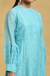 Shop_Ritu Kumar_Blue Cotton, Silk Mandarin Collar Geometric Pattern Dress_Online_at_Aza_Fashions