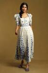 Buy_Ritu Kumar_White Cotton Embroidery Scoop Neck Floral Print Puff Sleeve Dress_at_Aza_Fashions
