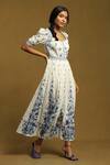 Buy_Ritu Kumar_White Cotton Embroidery Scoop Neck Floral Print Puff Sleeve Dress_Online_at_Aza_Fashions