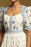 Shop_Ritu Kumar_White Cotton Embroidery Scoop Neck Floral Print Puff Sleeve Dress_Online_at_Aza_Fashions