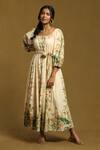 Buy_Ritu Kumar_Off White 100% Cotton Printed Floral Notched Floret Puff Sleeve Dress _at_Aza_Fashions