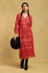 Buy_Ritu Kumar_Red Cotton Embroidery V-neck Floret Print Dress_at_Aza_Fashions
