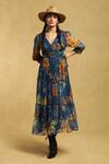 Buy_Ritu Kumar_Blue Viscose, Cotton Embroidery V-neck Floret Print Midi Dress_at_Aza_Fashions