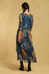 Shop_Ritu Kumar_Blue Viscose, Cotton Embroidery V-neck Floret Print Midi Dress_at_Aza_Fashions