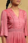 Shop_Ritu Kumar_Pink 100% Viscose V Neck Split Sleeve Lace Work Dress _Online_at_Aza_Fashions