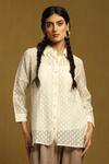 Ritu Kumar_Off White Cotton, Silk Shawl Neck Geometric Pattern Shirt With Inner_Online_at_Aza_Fashions