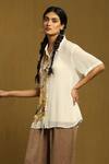 Ritu Kumar_Off White Viscose Embroidery Shawl Neck Botanic Print Shirt With Inner_Online_at_Aza_Fashions