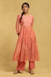 Buy_Ritu Kumar_Peach Cotton, Silk Embroidery Round Neck Flower Print Kurta And Palazzo Set_at_Aza_Fashions