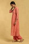 Ritu Kumar_Peach Cotton, Silk Embroidery Round Neck Flower Print Kurta And Palazzo Set_Online_at_Aza_Fashions