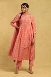 Buy_Ritu Kumar_Peach Cotton, Silk Embroidery, Tassels Round Neck Flower Print Pintuck Kurta Set _at_Aza_Fashions