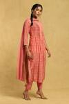 Buy_Ritu Kumar_Peach Cotton, Silk Embroidery, Tassels Round Neck Flower Print Pintuck Kurta Set _Online_at_Aza_Fashions
