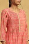 Shop_Ritu Kumar_Peach Cotton, Silk Embroidery, Tassels Round Neck Flower Print Pintuck Kurta Set _Online_at_Aza_Fashions