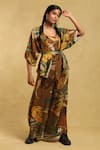 Buy_Ritu Kumar_Brown Viscose Dobby Print Tropical Camisole Round Neck Shrug And Palazzo Set _at_Aza_Fashions