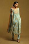 Buy_Ritu Kumar_Blue Viscose, Chiffon, Lycra Sequins Round Floral Bouquet Print A-line Kurta Set_at_Aza_Fashions