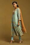 Ritu Kumar_Blue Viscose, Chiffon, Lycra Sequins Round Floral Bouquet Print A-line Kurta Set_Online_at_Aza_Fashions