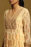 Shop_Ritu Kumar_Beige Viscose, Chiffon, Lycra Sequins Round Neck Floral Print A-line Kurta Set_Online_at_Aza_Fashions