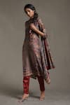 Ritu Kumar_Beige Silk Printed Floral Notched Kurta Set _Online_at_Aza_Fashions